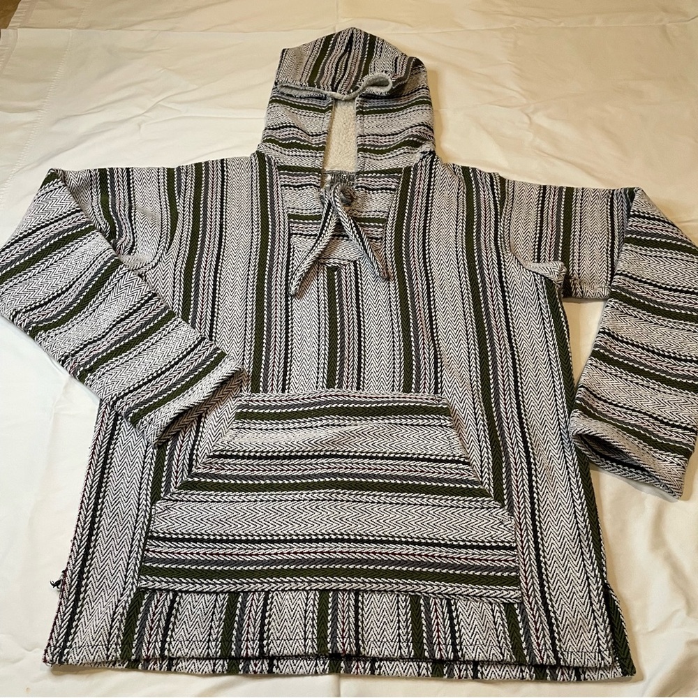 Men's Hooded Baja Stripe Sweater - Olive & Cream